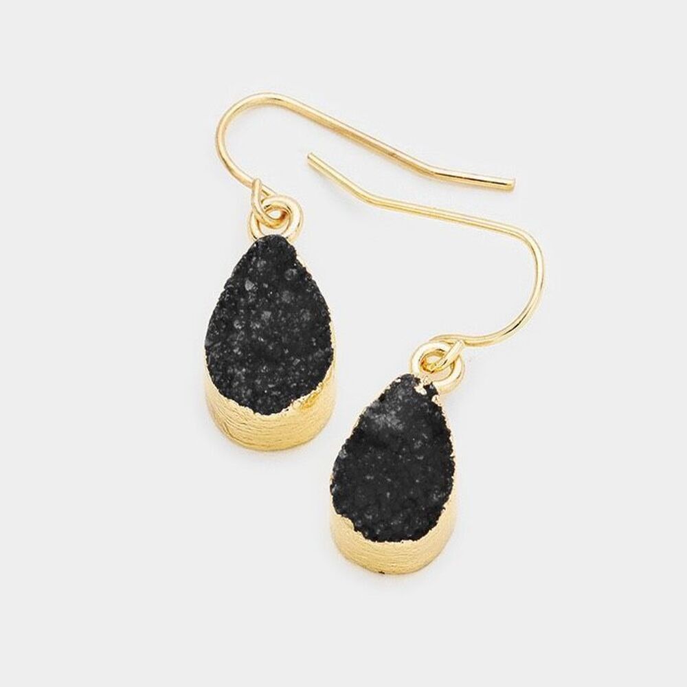 New Womens Boutique Genuine Black Druzy Gold Teardrop Dangle Earrings
